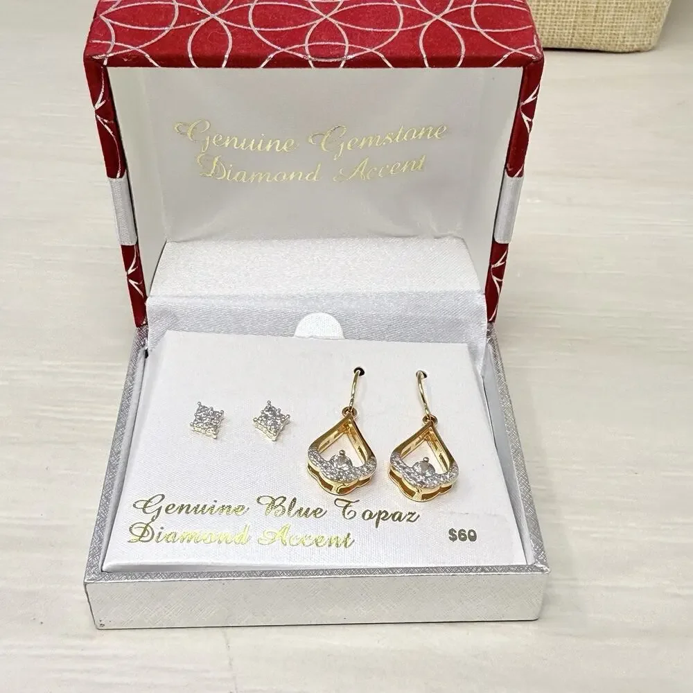 Two Pair PAJ BB China Blue Topaz and Diamond Accent Teardrop Dangle Earrings - Picture 6 of 8